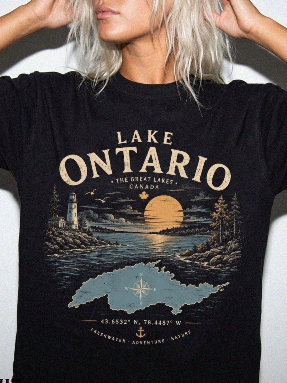 Lake Ontario Map Great Lakes Vintage Canada Graphic Tee